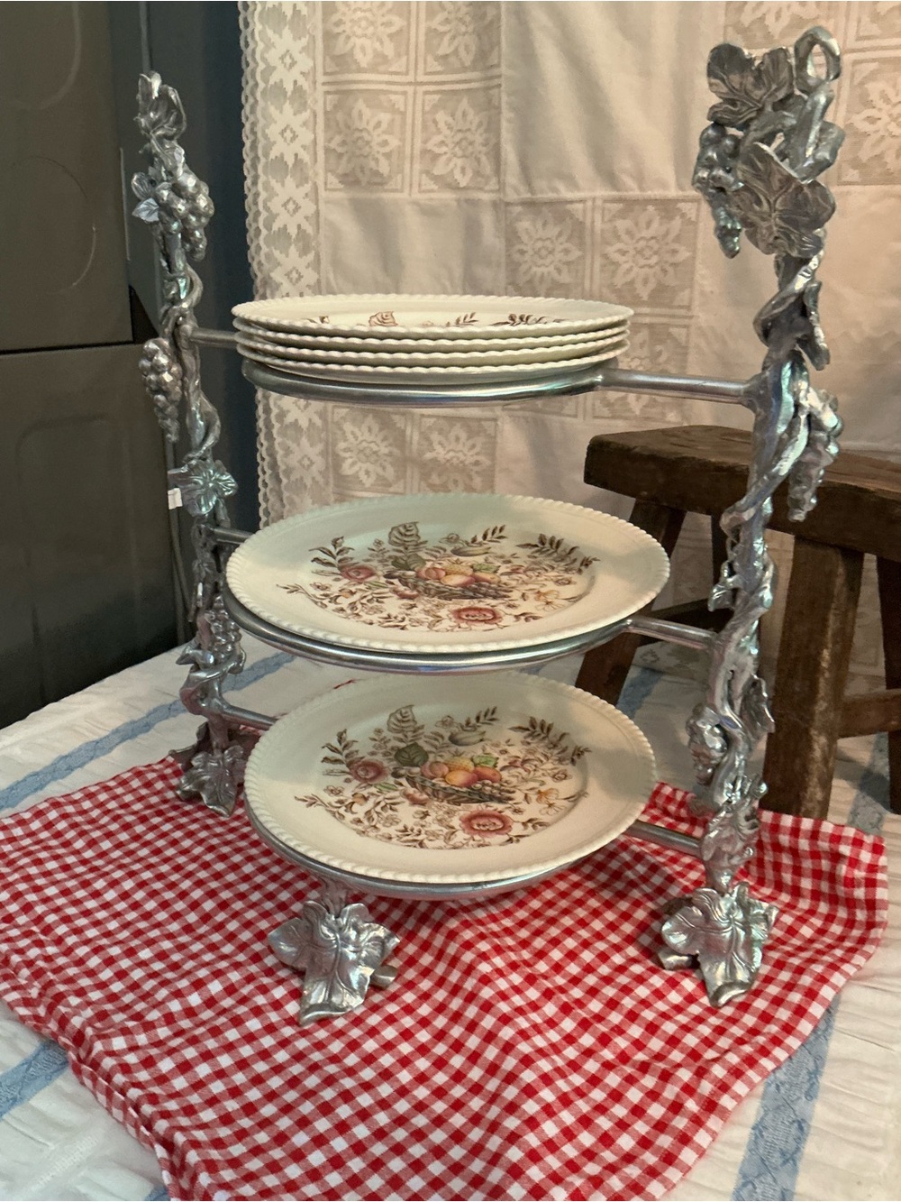 Arthur Court Three-Tier Silver Plate Stand with Floral Plates